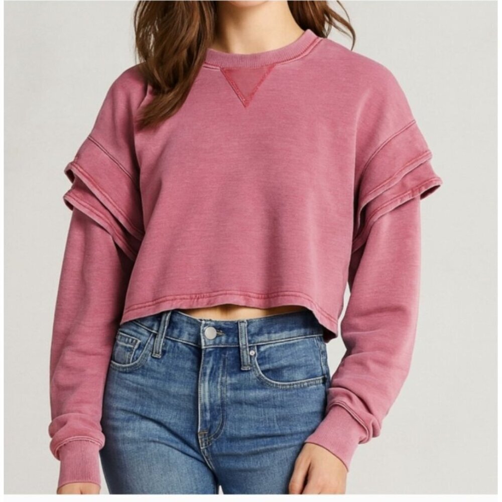 NEW! 7 For All Mankind Berry Cropped Ruffle Sleeve Sweatshirt Medium